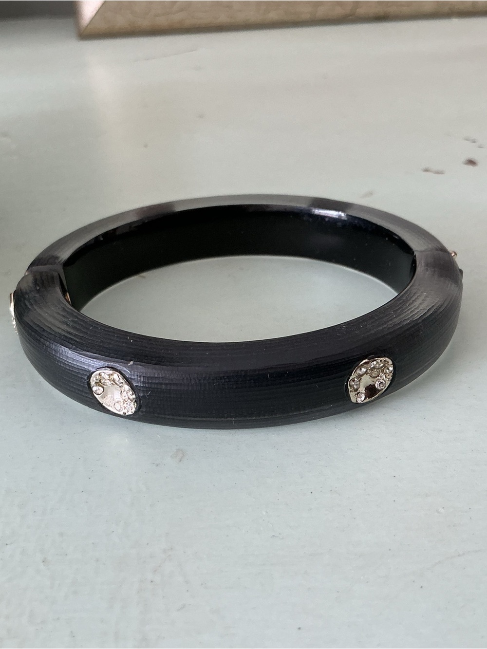 Alexis Bittar Black carved lucite Bangle with silver crystal Studs
